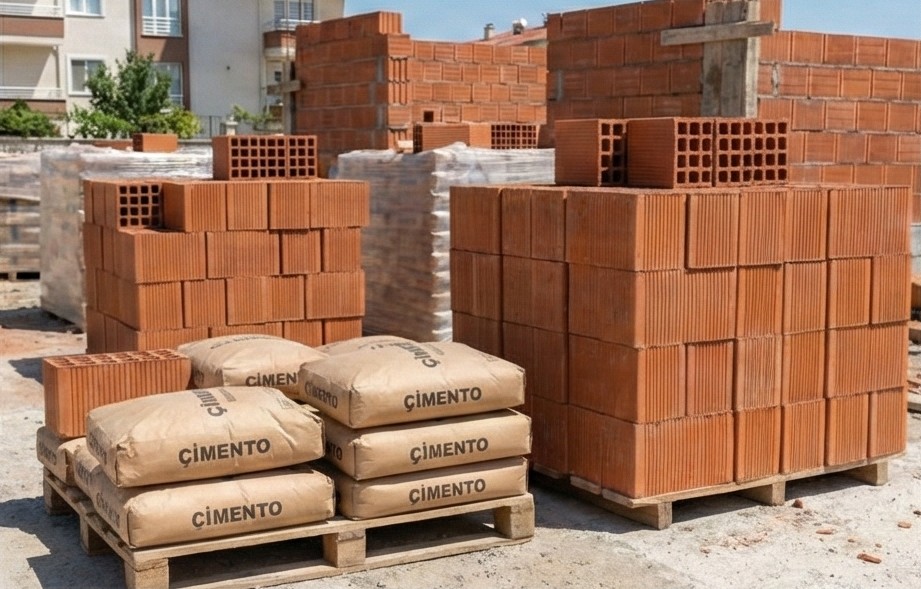 İnşaat sahasında tuğla ve yapı malzemeleri